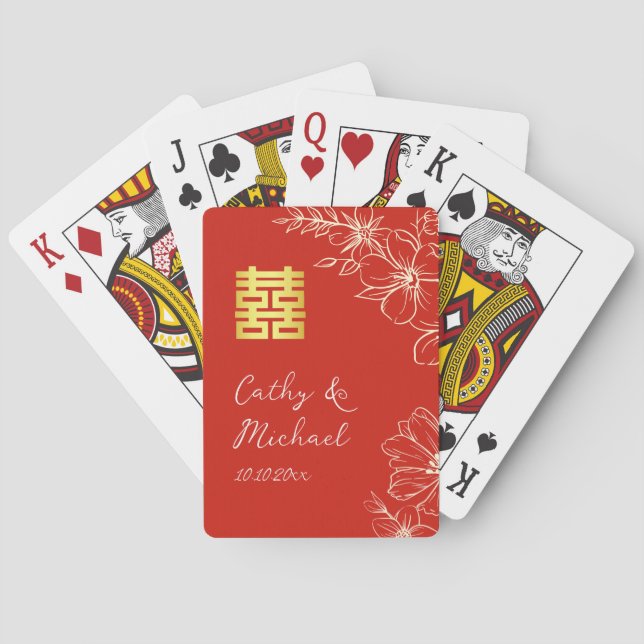 Modern elegant Chinese wedding floral script red Playing Cards (Back)