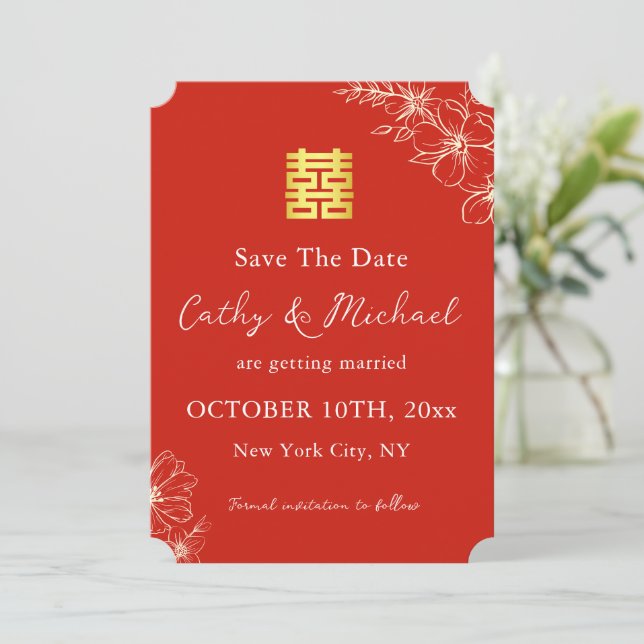 Modern elegant Chinese wedding floral script red Save The Date (Standing Front)