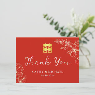 Modern elegant Chinese wedding floral script red Thank You Card