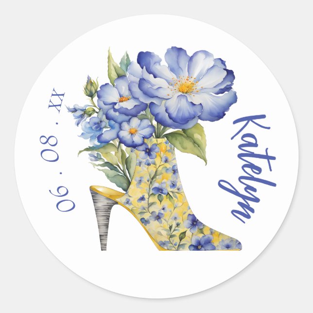 Modern Elegant Chinoiserie Floral High-Heel Classic Round Sticker (Front)