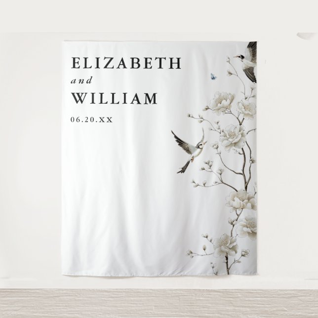 Modern Elegant Chinoiserie Wedding Photo Backdrop Tapestry (Front)