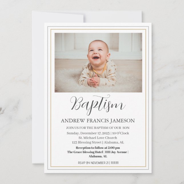 Modern Elegant Christian Gold Photo | Baptism Invitation (Front)