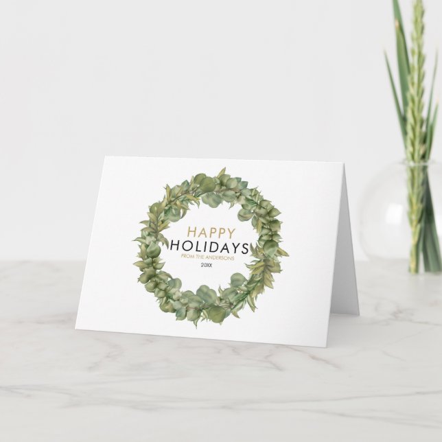 Modern Elegant Christmas Greenery Wreath Holiday Card (Front)