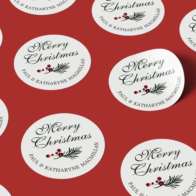 Modern Elegant Christmas Pine Greenery Classic Round Sticker (Modern Elegant Christmas Pine Greenery Classic Round Stickers)