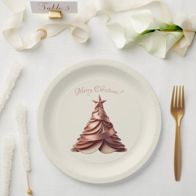 Modern Elegant Christmas Tree-Rose Gold Paper Plate (Wedding)