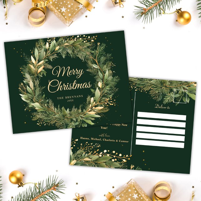 Modern Elegant Christmas Wreath Botanical Green Holiday Postcard (Modern Elegant Christmas Wreath Botanical Green Holiday Postcard)