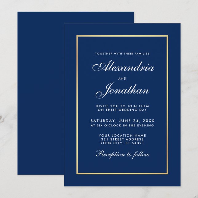 Modern Elegant Classic Blue Gold Frame Wedding Invitation (Front/Back)
