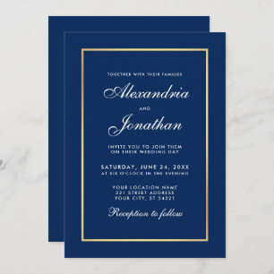 Modern Elegant Classic Blue Gold Frame Wedding Invitation