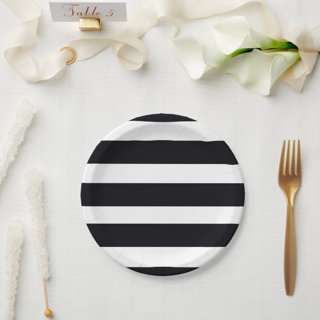 Modern Elegant Classic Chic Black & White Striped Paper Plate (Wedding)