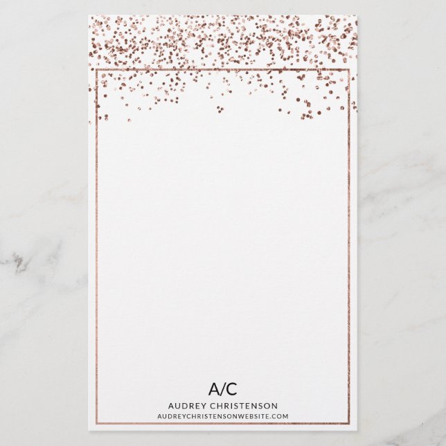 Modern elegant classic monogram rose gold confetti stationery (Front)