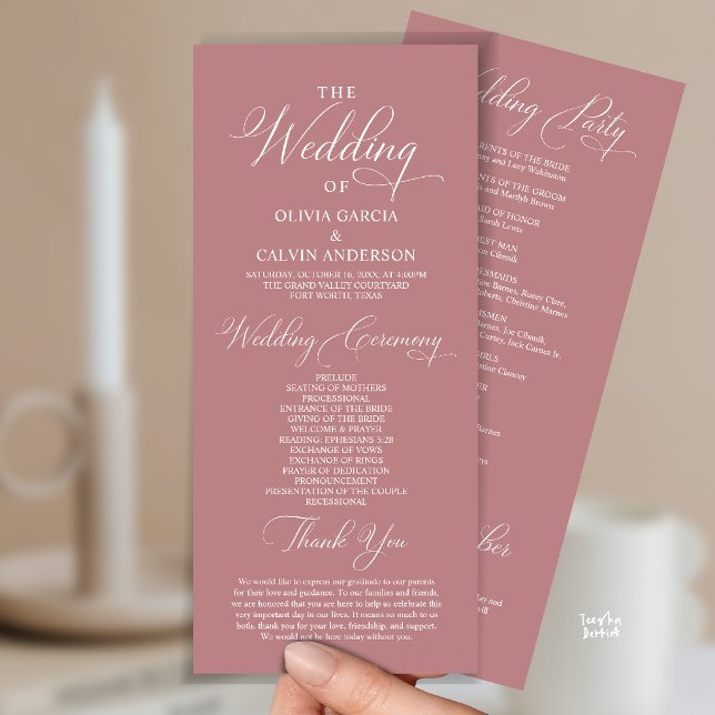 Modern Elegant Classy Wedding Ceremony Order Programme (Modern Elegant Classy Wedding Ceremony Order Program Card in dusty rose pink)