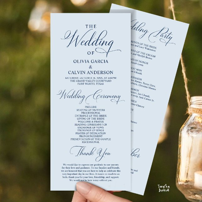 Modern Elegant Classy Wedding Ceremony Order Programme (Modern Elegant Classy Wedding Ceremony Order Program Card in misty Blue)