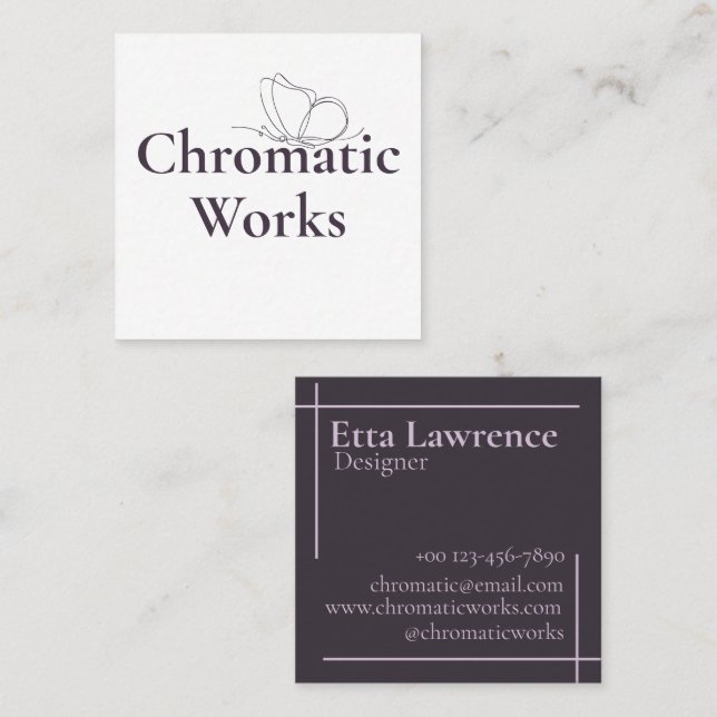 Modern Elegant Clean Butterfly Line Purple Marble Square Business Card (Front/Back)