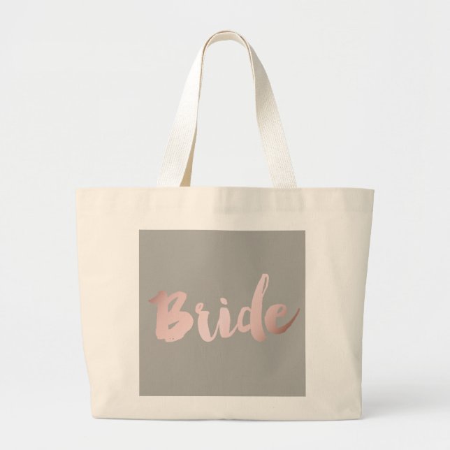 modern elegant clear faux rose gold "bride" large tote bag (Front)