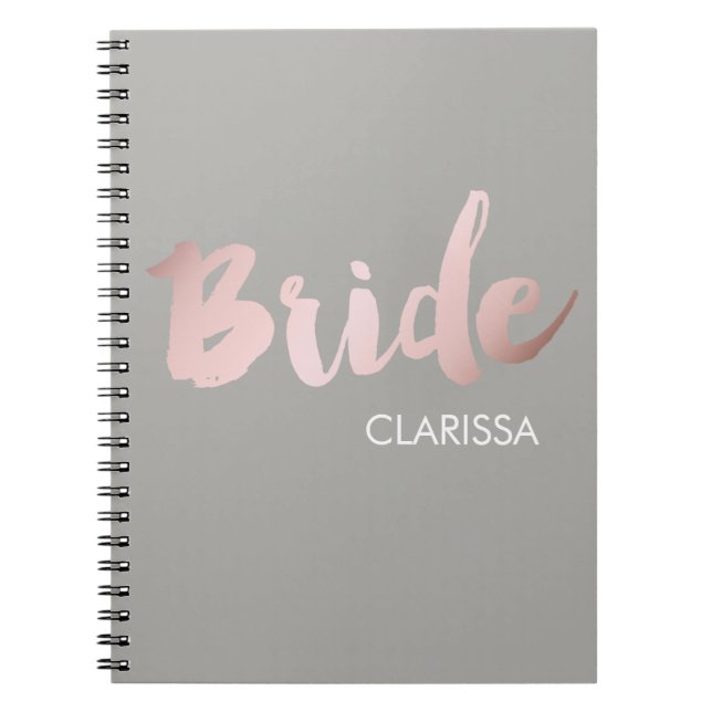 modern elegant clear faux rose gold "bride" notebook (Front)