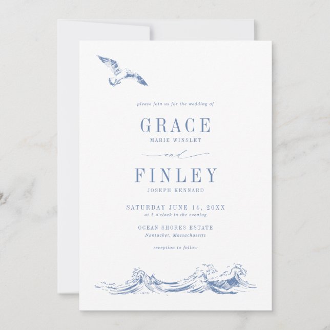 Modern Elegant Coastal Chic Blue Wedding Invitation (Front)