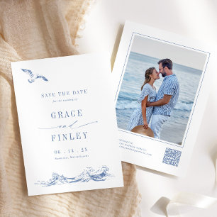 Modern Elegant Coastal Chic Blue Wedding Photo Save The Date