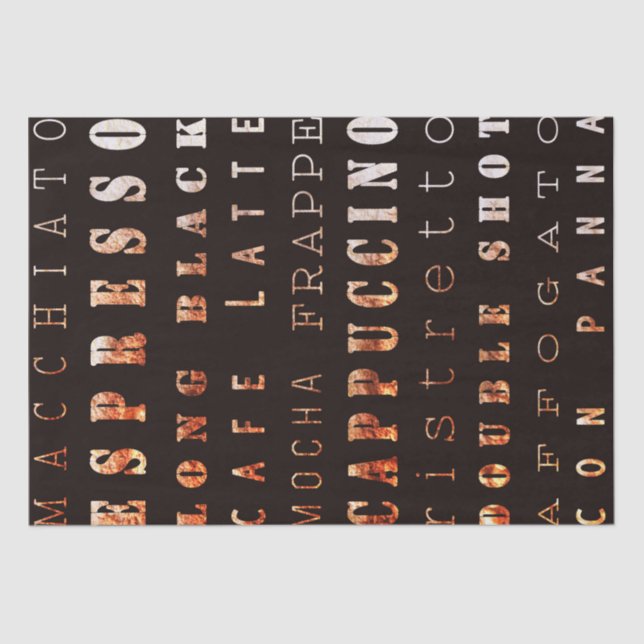 Modern Elegant Coffee Types Typography Brown Tissue Paper (Front)