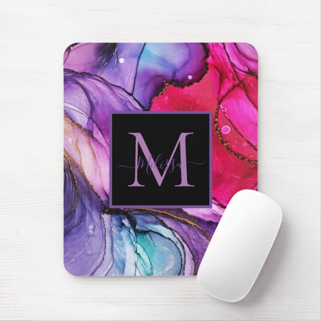 Modern Elegant Colourful Marbled Monogram Mouse Mat (With Mouse)