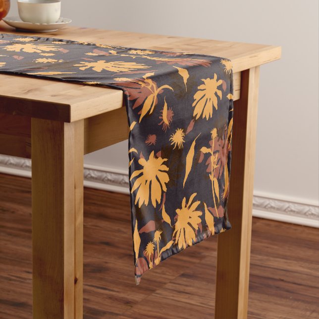 Modern Elegant Coneflowers Yellow Orange Dark Grey Long Table Runner (In Situ)