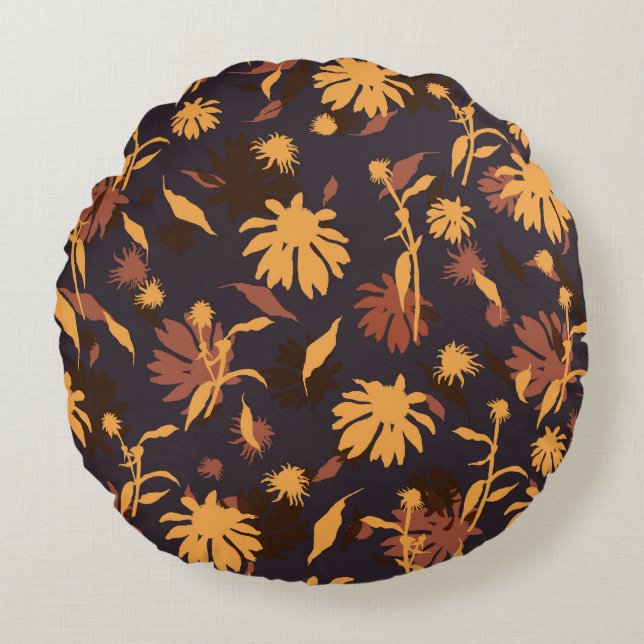 Modern Elegant Coneflowers Yellow Orange Dark Grey Round Cushion (Front)