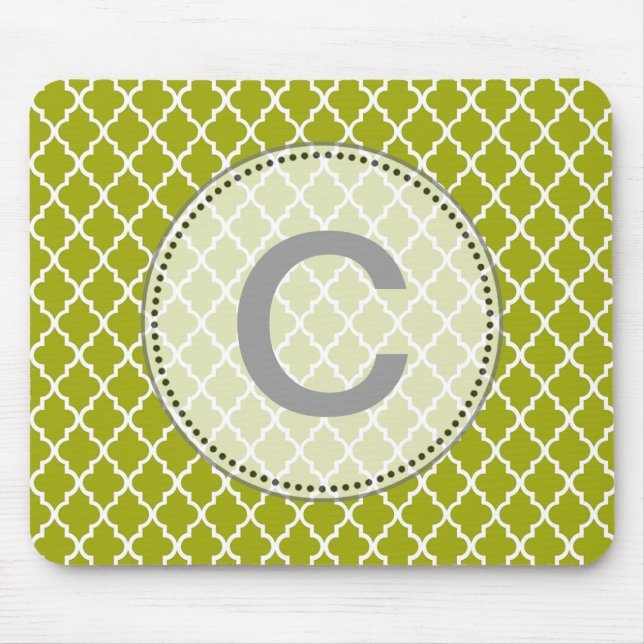 Modern, elegant, cool lime quatrefoil monogram mouse mat (Front)