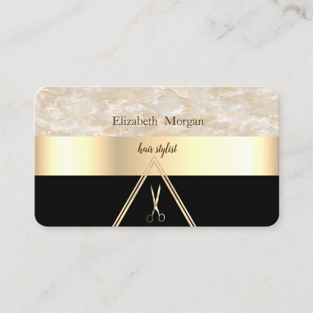 Modern Elegant Cool Marble  Black,Gold,Scissors Business Card (Front)