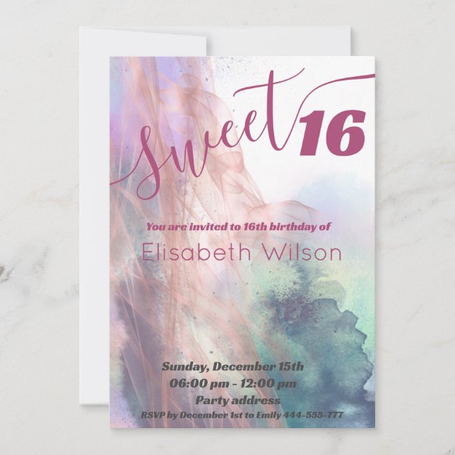 Modern elegant cool watercolor  sweet 16  invitation (Front)