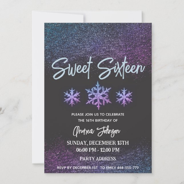 Modern elegant cool winter snowflakes sweet 16 invitation (Front)