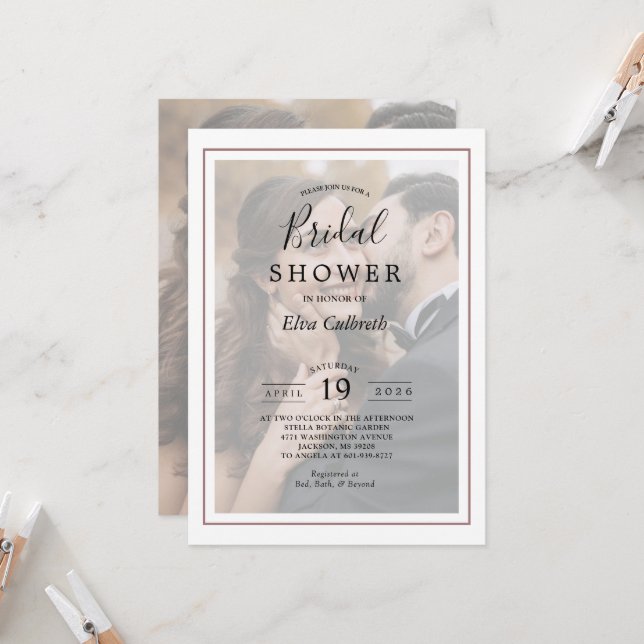 Modern Elegant Copper Rose Photo Bridal Shower Invitation (Front/Back In Situ)