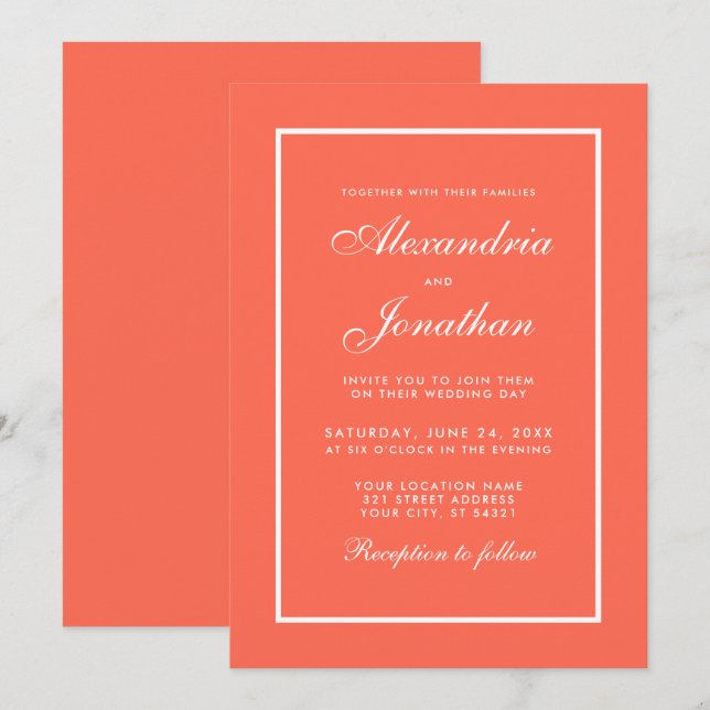 Modern Elegant Coral and White Wedding Invitation (Front/Back)