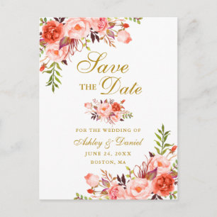 Modern Elegant Coral Floral Gold Save the Date Announcement Postcard