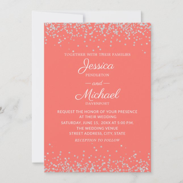 Modern Elegant Coral Silver Glitter Wedding Invitation (Front)
