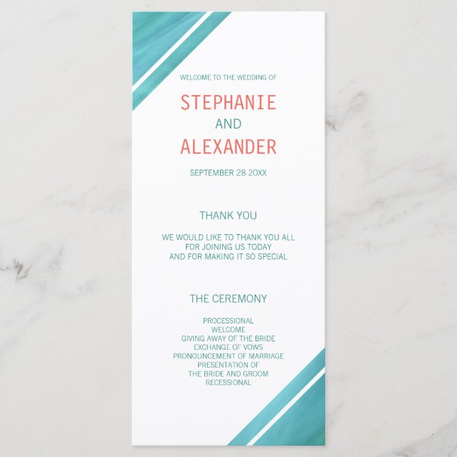 Modern Elegant Coral Teal Wedding Programme (Front)