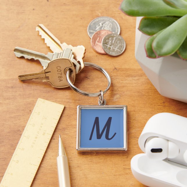 Modern Elegant Cornflower Blue Indigo Monogram Key Ring (Desk)
