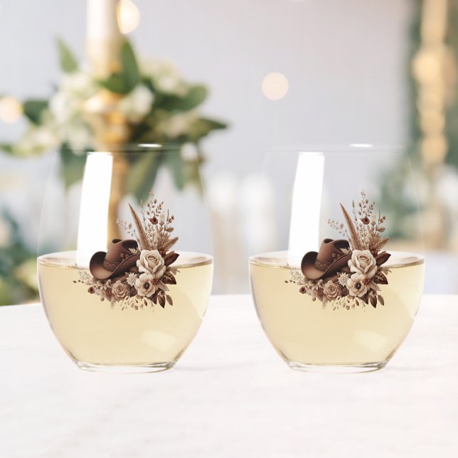 Modern Elegant Country Western- Floral  Stemless Wine Glass (Insitu (Wedding))