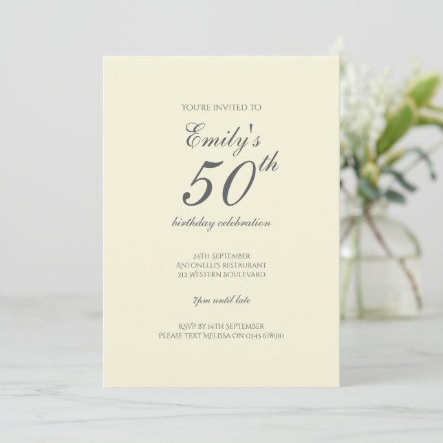 Modern Elegant Cream 50th Birthday Party Invitation (Standing Front)