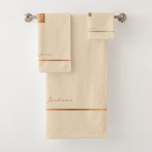 Modern elegant cream gold chic monogrammed stripes bath towel set
