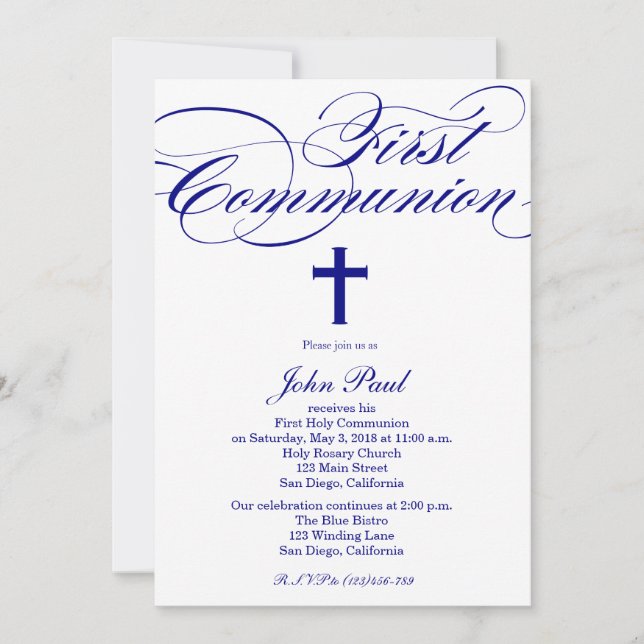 Modern Elegant Cross Communion Invitation for Boys (Front)