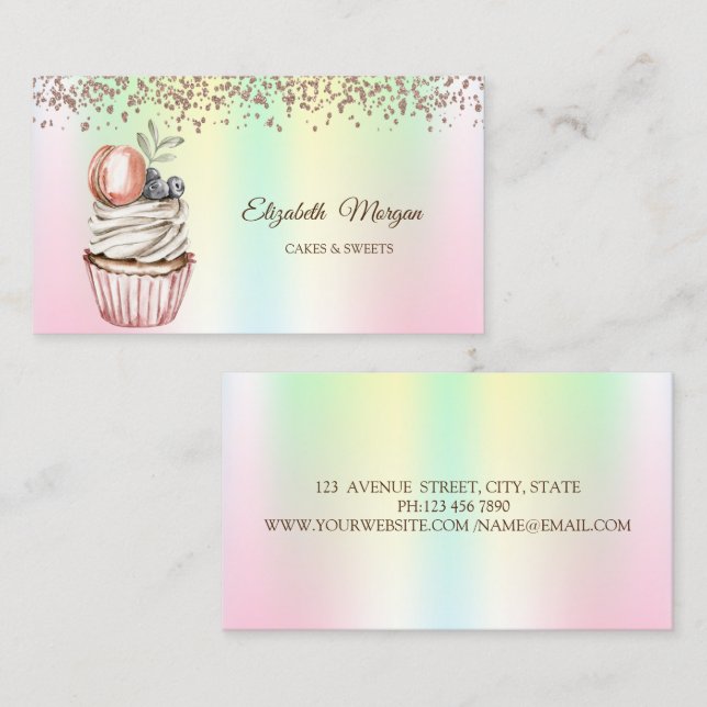 Modern Elegant Cupcake,Sweets,Macaroon Holographic Business Card (Front/Back)