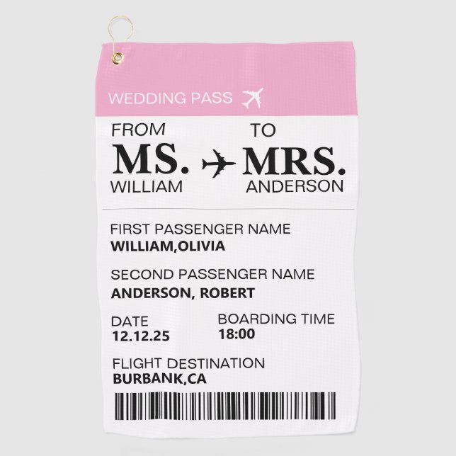 Modern Elegant Custom Bride To Be Boarding Pass Golf Towel (Front)