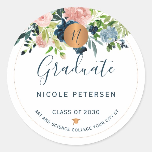 Modern elegant custom graduate floral graduation classic round sticker (Front)