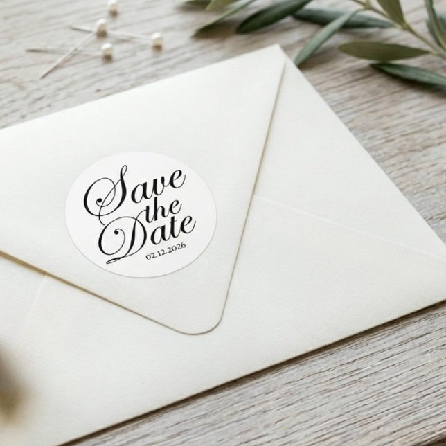 Modern Elegant Custom Save The Date | Black Text Classic Round Sticker (Wedding custom save the date round sticker )
