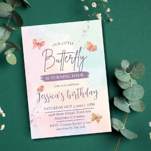 Modern elegant cute butterfly themed 4th birthday invitation