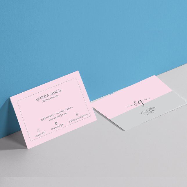 Modern Elegant Cute Pink Grey Monogram Custom Business Card (Modern Elegant Cute Pink Grey Monogram Custom Business Card)