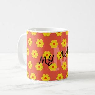 Modern elegant cute retro floral initial coffee mug