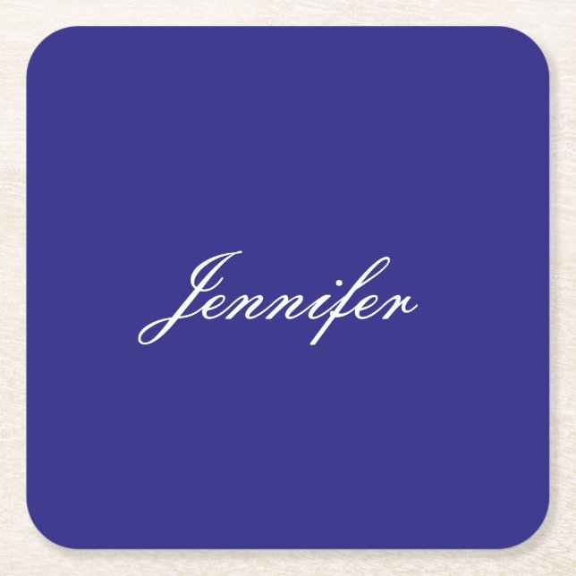 Modern Elegant Cute Unique Deep Blue Calligraphy Square Paper Coaster (Front)