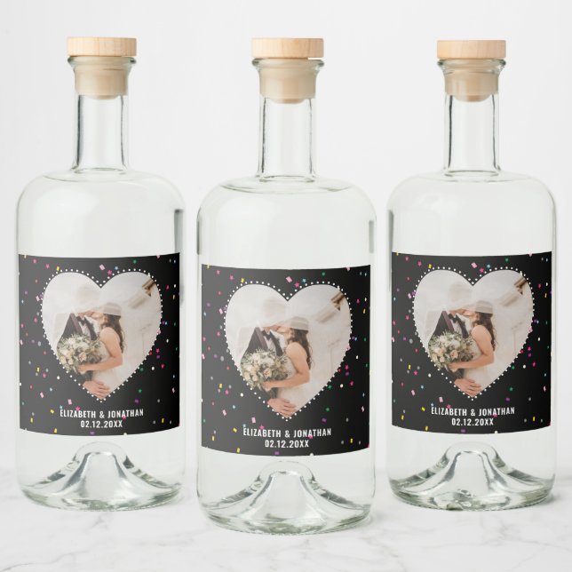 Modern Elegant Cute Whimsical Heart Photo Wedding Liquor Bottle Label (Bottles)