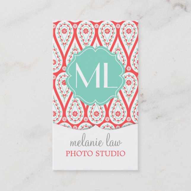 Modern Elegant Damask Coral Paisley Personalised Business Card (Front)
