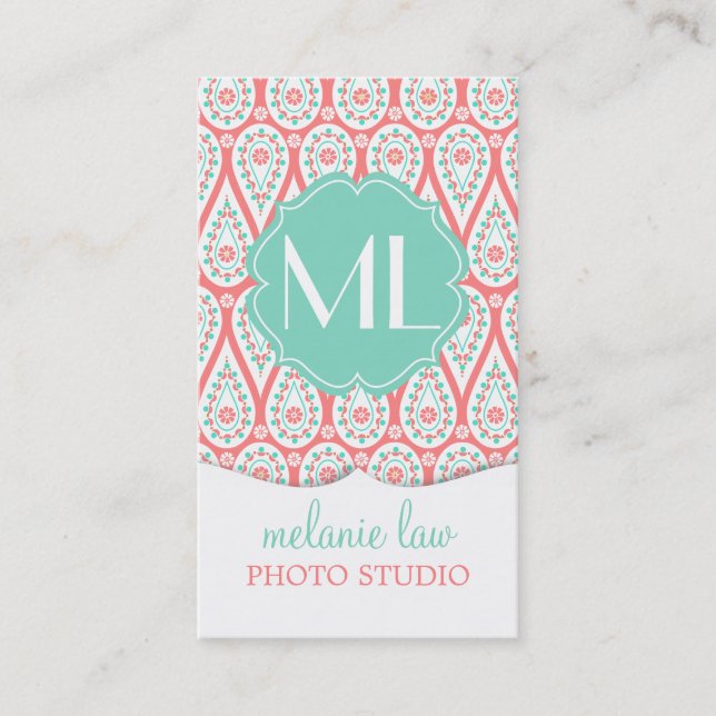 Modern Elegant Damask Coral Paisley Personalised Business Card (Front)